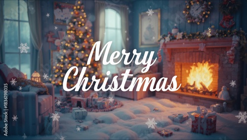 Festive Decoration With Merry Christmas Message in Winter Setting With Snow a...