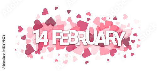14 FEBRUARY typography vector banner with hearts cloud background