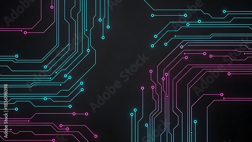 Futuristic digital circuit board background with vibrant neon pink and blue glowing connections