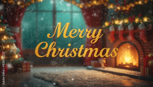 Merry Christmas Written in Gold in Front of a Cozy Fireplace Decorated for th...