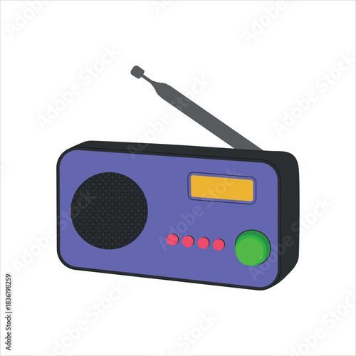 Purple radio with an antenna and tuning buttons. Isolated vector illustration on a white background.