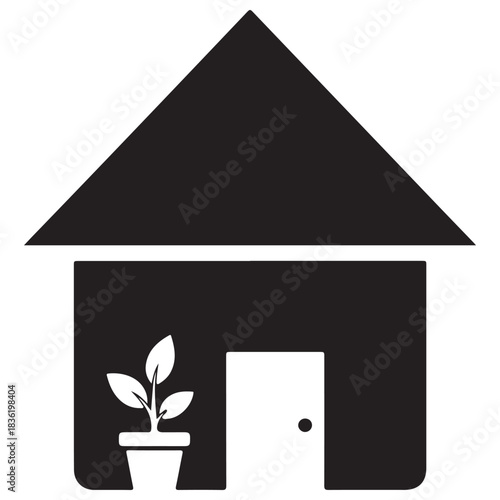 Minimalist House Icon with Potted Plant Inside in Black and White