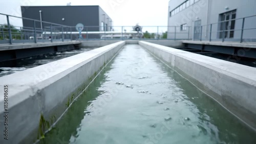 Outdoor Water Treatment Facility with Concrete Channels and Industrial Buildings in Soft Daylight Showing Clean Water Flowing Through Channels