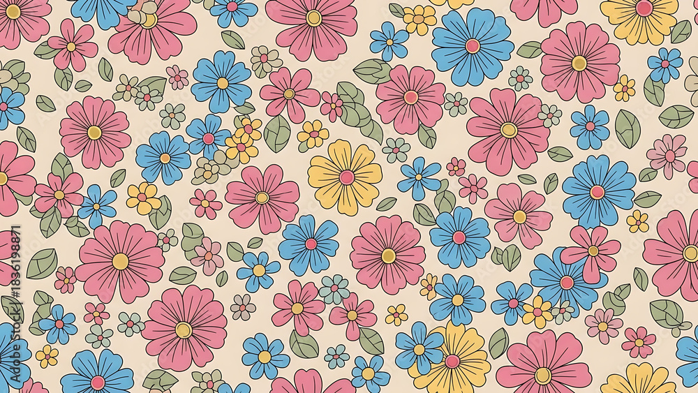 Retro 70s seamless groovy floral pattern background featuring vintage pink blue and yellow flowers.
