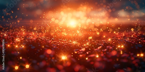 Panoramic view of vibrant glowing embers rising in a bokeh background