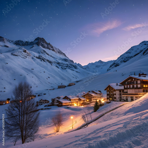evening landscape and ski resort in french alps ti