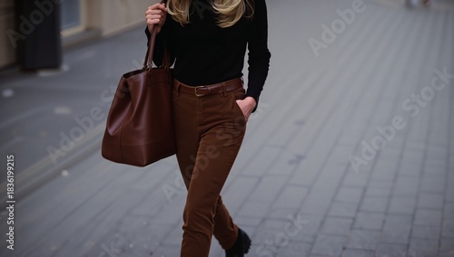 Woman Walks on City Street With Brown Handbag and Stylish Outfit in Urban Set...