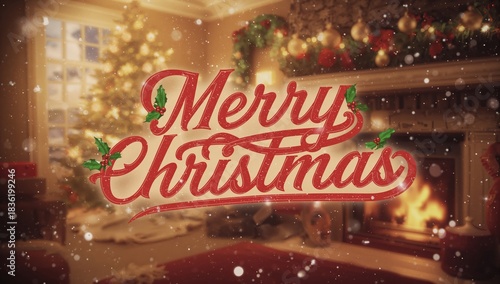 Winter Scene With Lights and Christmas Greeting in a Snowy Forest