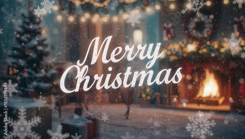 Merry Christmas Decorations With Lights and a Fireplace During Winter Holiday...