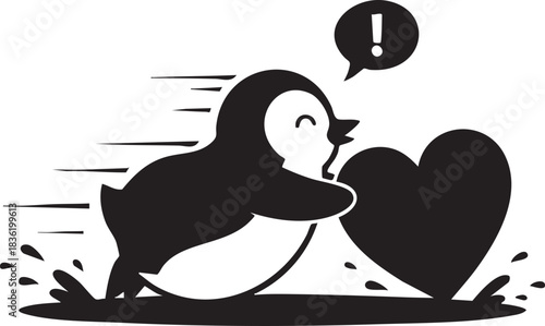 Penguin sliding toward heart with excited expression illustration