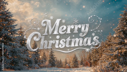Holiday Greeting Across a Winter Landscape With Fresh Snow and Evergreen Tree...