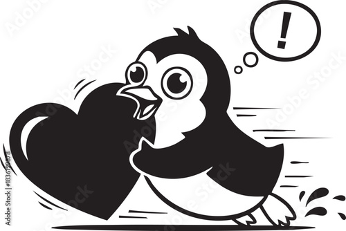 Excited penguin running while carrying heart illustration