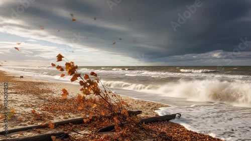 A captivating wide shot captures a wild coastal landscape under a dramatic, moody sky. Powerful ocean waves crash with white foam onto a sandy beach covered generously with vibrant autumn leaves and w