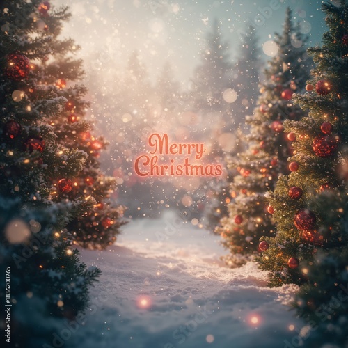 Winter Scene With Christmas Trees and Decorations in a Snowy Landscape During...