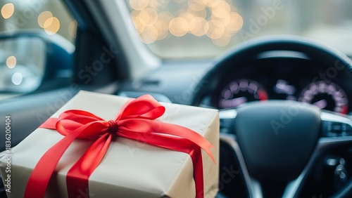 Wrapped gift with red ribbon sits on the passenger seat of a car during the holiday season