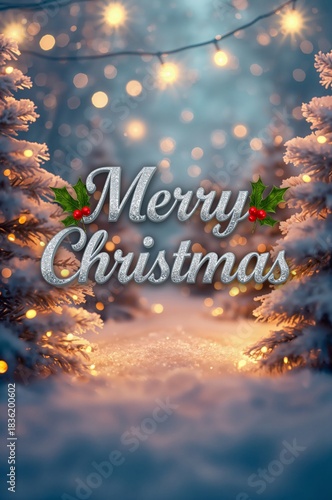 Winter Scene With Lights and Christmas Greeting in a Snowy Forest