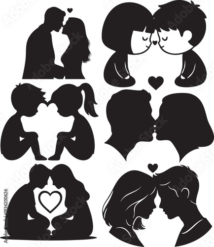 Romantic Couple Silhouette Set with Hearts