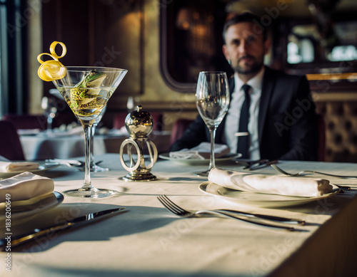 An elegantly dressed man sits in a restaurant in front of a set table with a cocktail