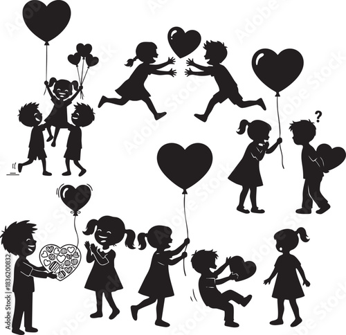 Children playing with heart balloons and sharing love silhouette illustration set