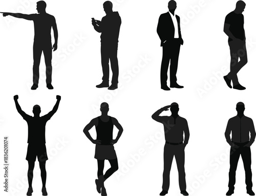 “Collection of male silhouette poses showing different actions, gestures, stances and lifestyles in diverse modern character illustration for versatile creative design”