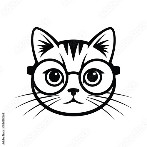 Cute Black and White Hipster Cat Head Icon: Glasses, Smart Pet, and Mascot