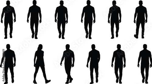 “Collection of walking male and female silhouette figures showing natural movement, dynamic poses, and casual body posture for modern vector design projects”