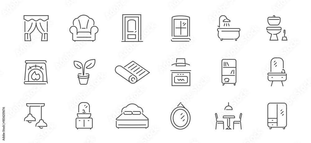 Fototapeta premium Furniture and interior items line icons. Household items concept. Appliances, decoration set of outline symbols or signs