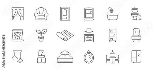 Furniture and interior items line icons. Household items concept. Appliances, decoration set of outline symbols or signs