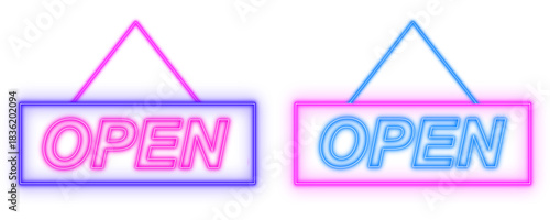Open neon light text signs color set isolated shaped objects isolated on white background