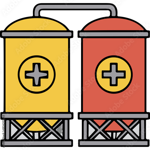 Two Industrial Storage Tanks Yellow and Red with Plus Symbols on a Black Background Representing Chemical Storage or Energy Solutions