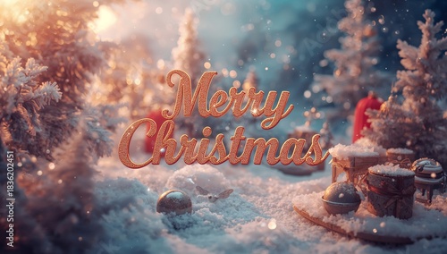 Greeting Card With Merry Christmas Message in Winter Setting With Snow and Trees