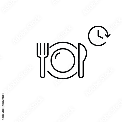 Knife, fork, plate and clock. Meal planning, intermittent fasting. Delivery and dining. Pixel perfect, editable stroke vector icon
