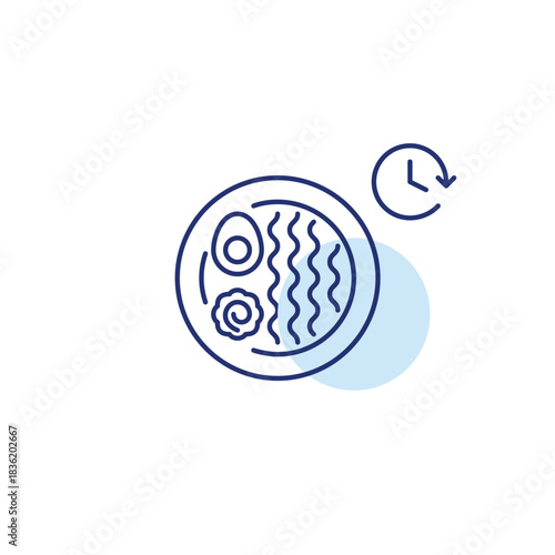 Ramen noodles dish and clock. Food scheduled delivery and meal pick-up on time. Takeaway Asian cuisine. Pixel perfect, editable stroke vector icon