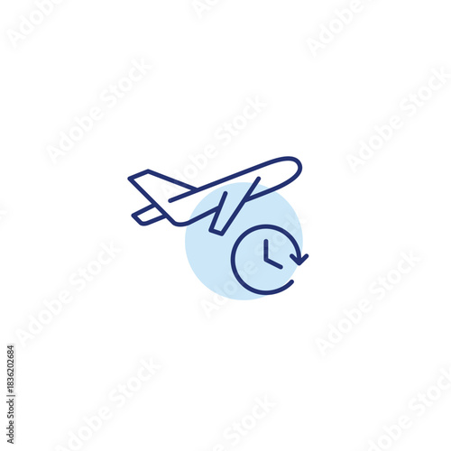 Plane taking off and clock. Boarding time reminder, flight schedule. Pixel perfect, editable stroke vector icon