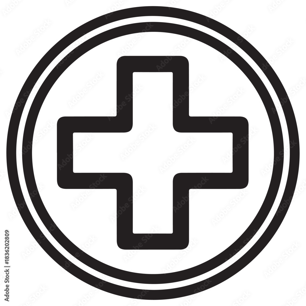 Fototapeta premium Geometric Black Plus Symbol with Rounded Corners in Double Circle Icon