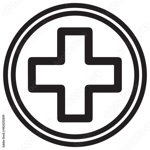 Geometric Black Plus Symbol with Rounded Corners in Double Circle Icon