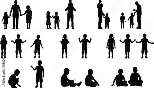 Collection of parent and child silhouette poses showing standing, walking, sitting, playing, and interaction scenes, ideal for family concept vector illustrations.