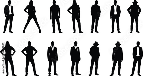 Collection of diverse standing silhouettes of men and women in stylish casual and formal poses representing attitude, fashion, confidence, lifestyle, and modern character design
