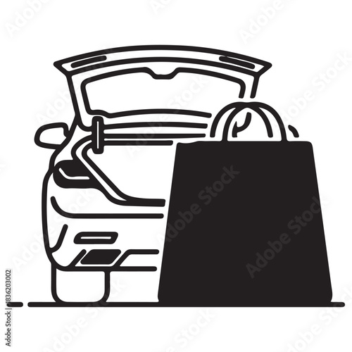 Black and White Outline Icon of Car Trunk and Shopping Bag