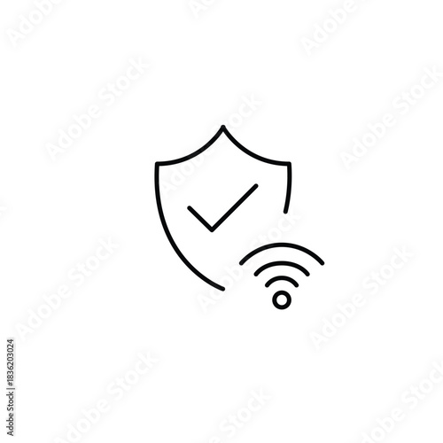 Shield with checkmark and wi-fi symbol. Cybersecurity, protected internet connection. Pixel perfect, editable stroke vector icon