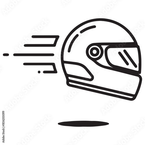 Outline Racing Helmet with Speed Lines, Black and White Vector Illustration