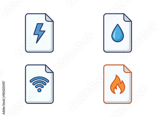 Icons representing various utility bills and services like electricity, water, internet, and gas.