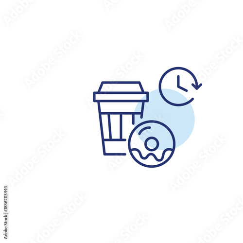 Takeaway coffee cup, donut and clock. Break time, breakfast and snacks at cafe. Pixel perfect, editable stroke vector icon