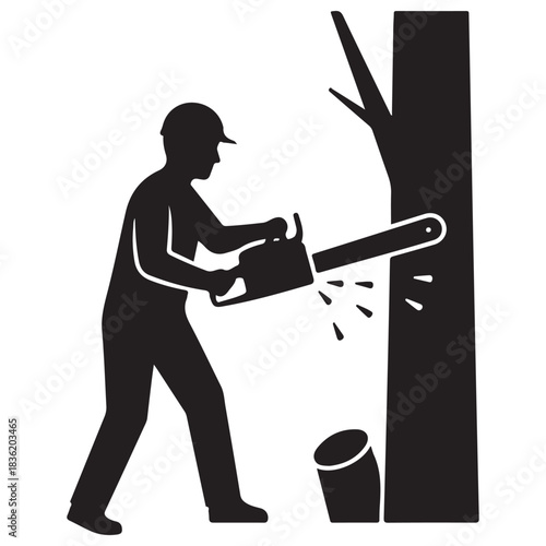Flat Design Black Silhouette Icon of Man Cutting Tree