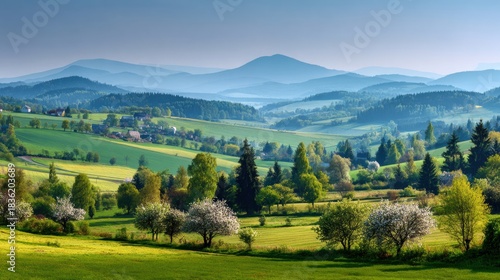 Spring Fields With Flowering Trees and Rolling Green Hills Under Clear Sky in Countryside Landscape