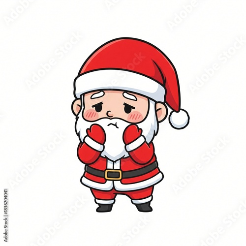 Sad cartoon Santa Claus character wearing traditional red suit and hat Hands clasped expressing disappointment