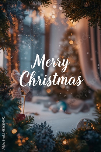 Merry Christmas Greeting Displayed With Decorations and Lights in Indoor Setting
