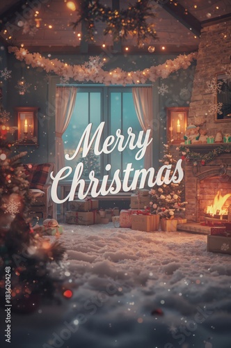 Merry Christmas Greeting With a House and Snow-Covered Trees at Night