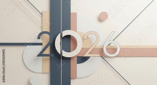 Stylized 3D composition showing the year 2026 with overlapping geometric elements and thin lines in muted colors