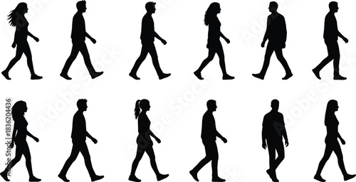 Dynamic walking people silhouettes collection featuring diverse male and female figures in motion for modern design, lifestyle, business, and urban concepts.